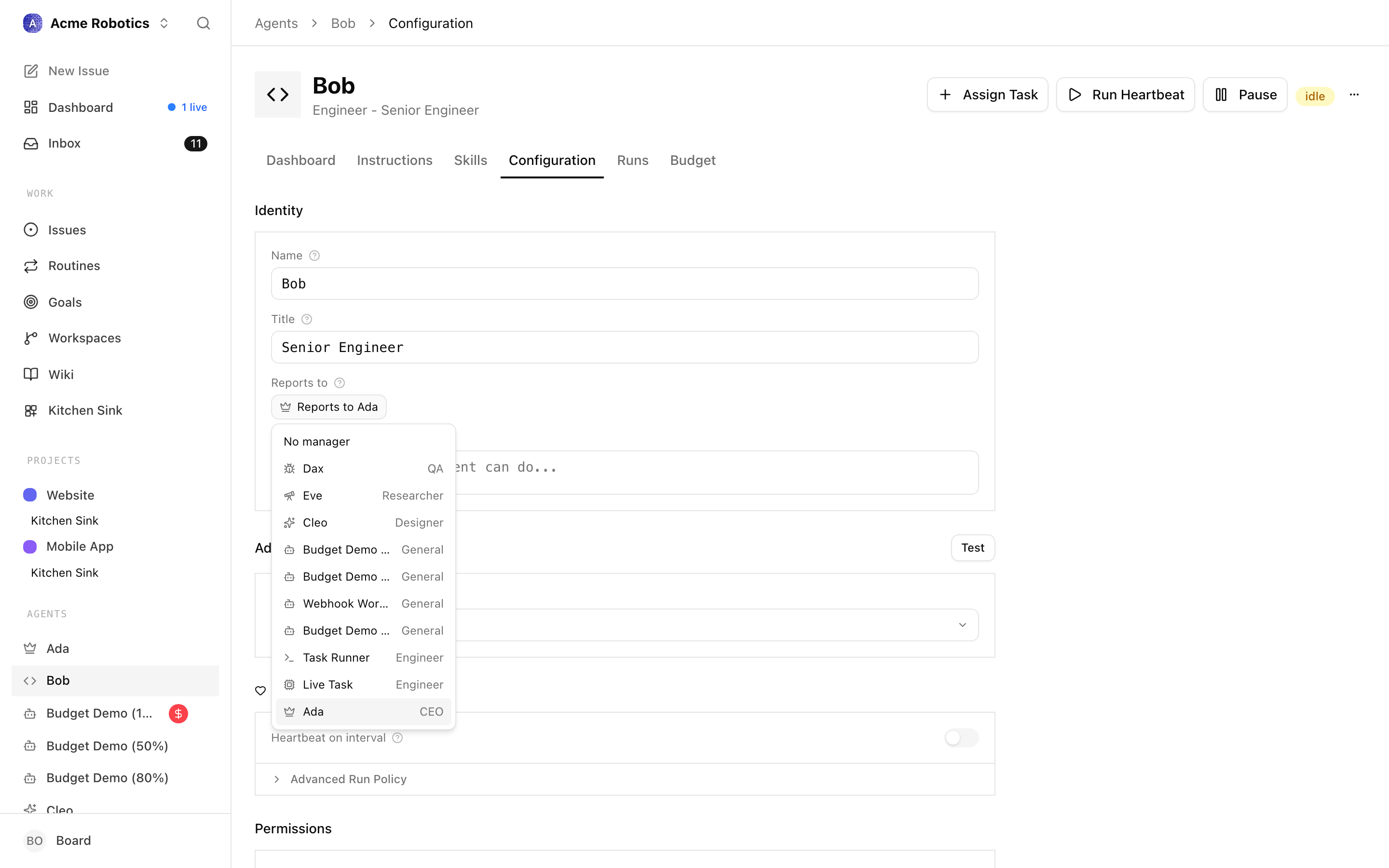 Agent configuration with the Reports to dropdown expanded, selecting a new manager