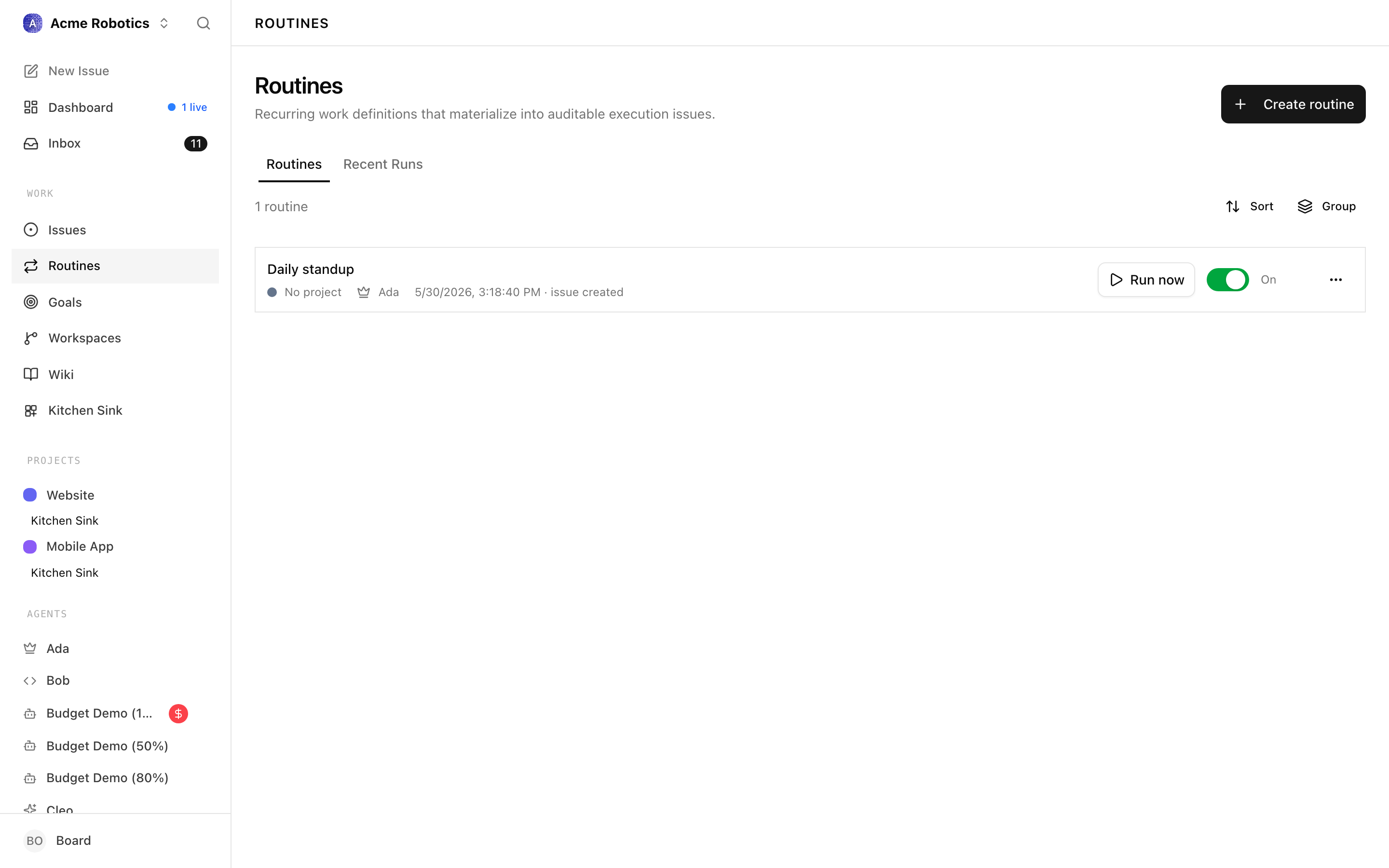 Routines list
