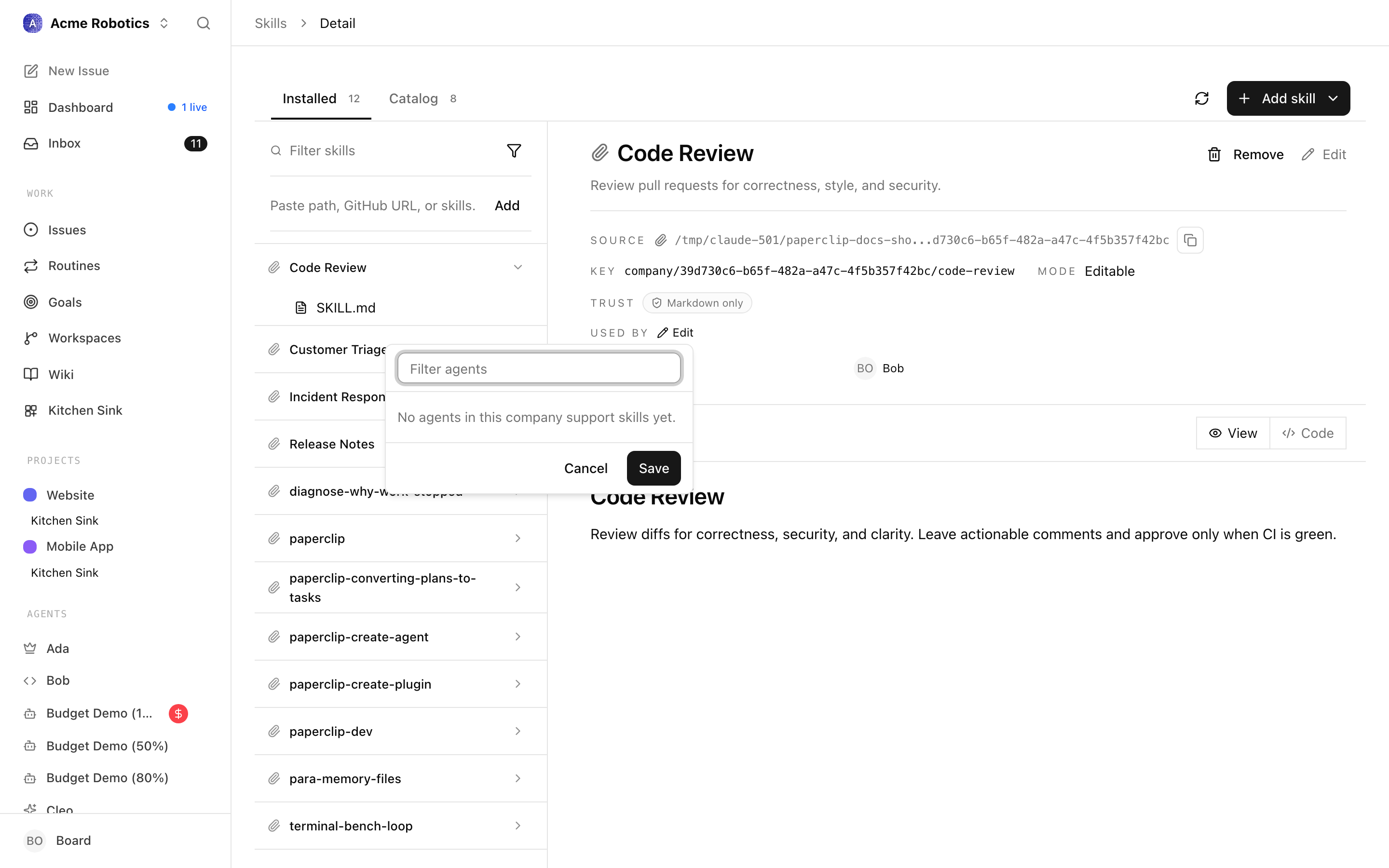 Agent Skills tab with required, optional, and unmanaged sections, plus a link to the company skill library