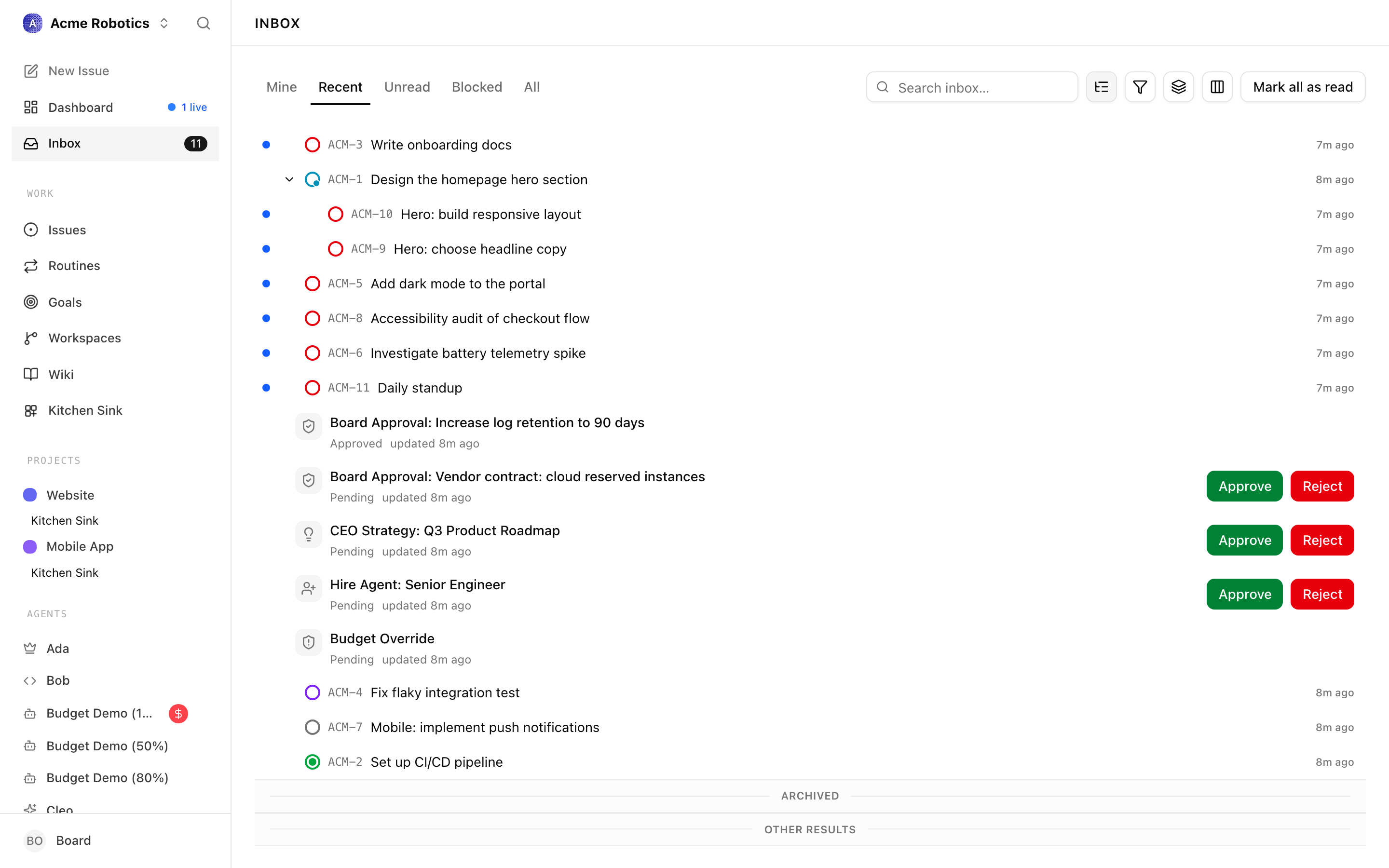 The task inbox showing newly created tasks from the CEO's first planning heartbeat