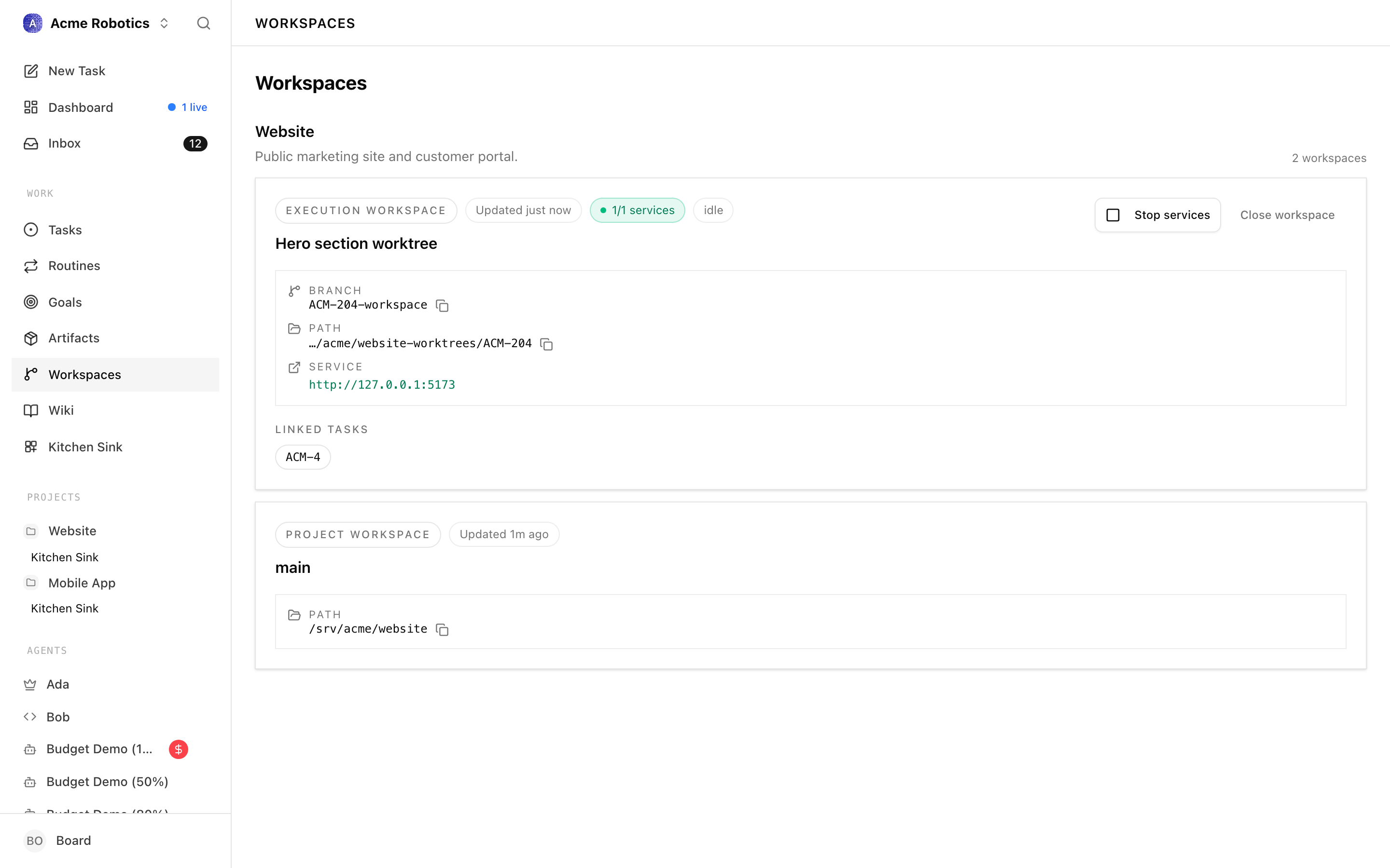 The company-wide Workspaces screen, grouped by project: the Website project's isolated execution workspace (with a running service and a linked task) above its primary "main" workspace