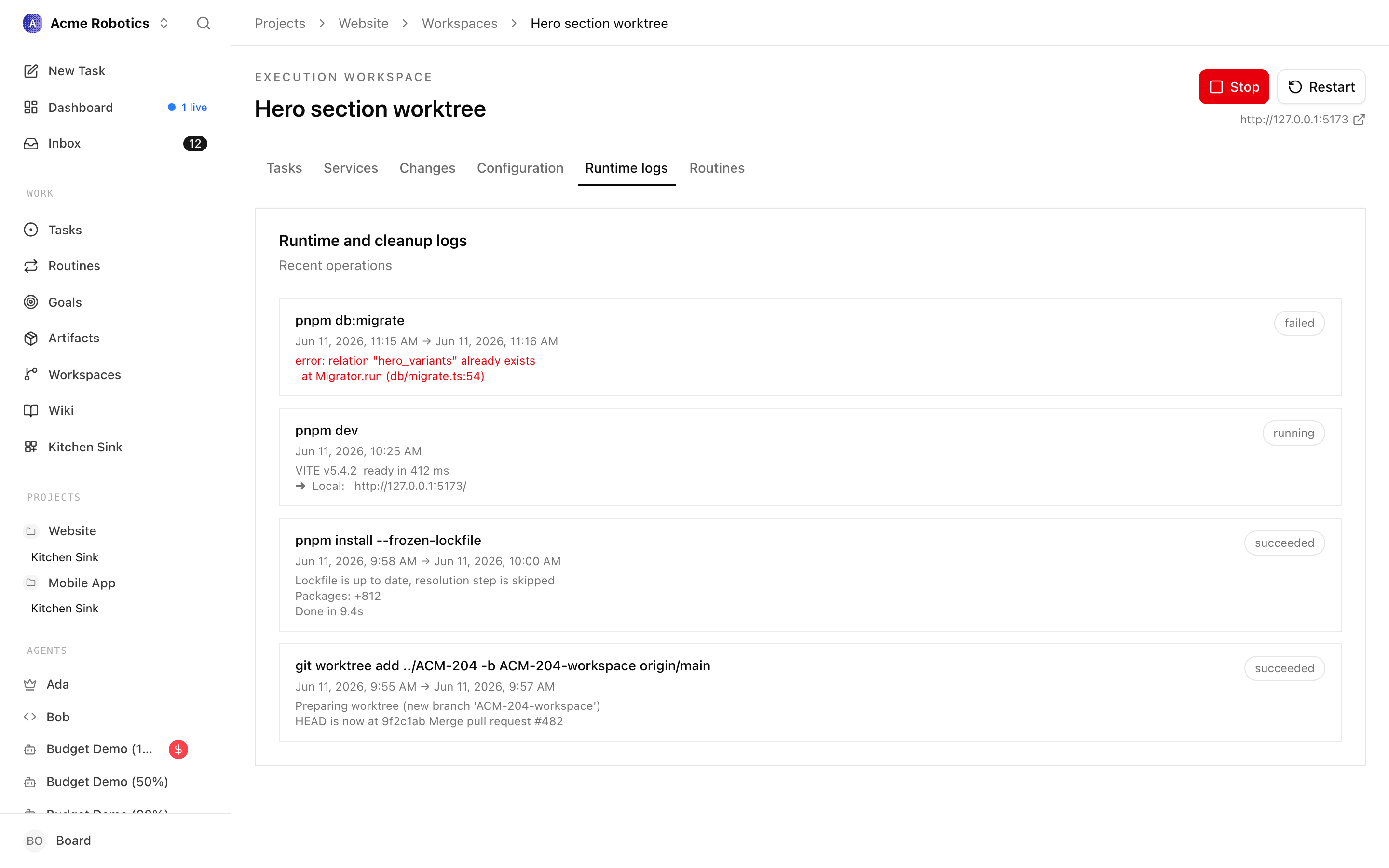 Runtime logs tab